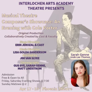 Announcement for Interlochen Arts Academy's original Cole Porter Composer's Showcase, with an illustrated figure at a piano and a headshot of Sarah Genne as Linda Lee Thomas.