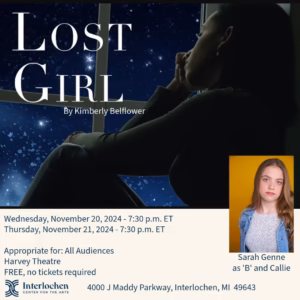 Moody nighttime Announcement for Lost Girl by Kimberly Belflower, showing a silhouetted figure gazing out a starry window, with a headshot of Sarah Genne as 'B' and Callie.