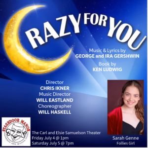 Night-sky themed announcement for Crazy For You with a glowing crescent moon and a headshot of Sarah Genne as a Follies Girl.